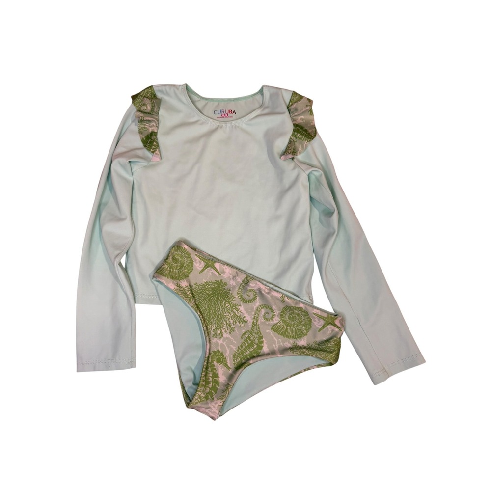 Curuba Mint ReversibleRash Guard Set Kids Seahorse Ruffle Swimsuit 8-10
